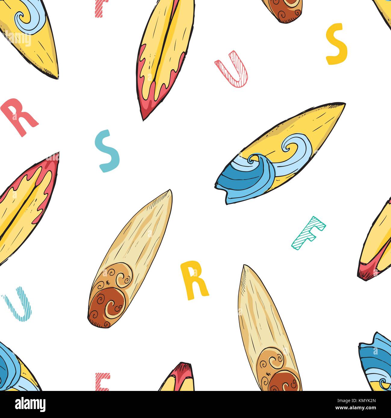 Surf boards seamless pattern hand drawn sketch background, typography ...
