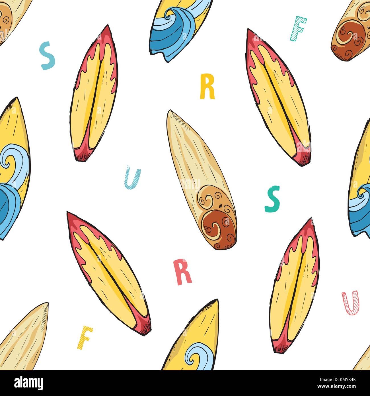 Surf boards seamless pattern hand drawn sketch background, typography ...