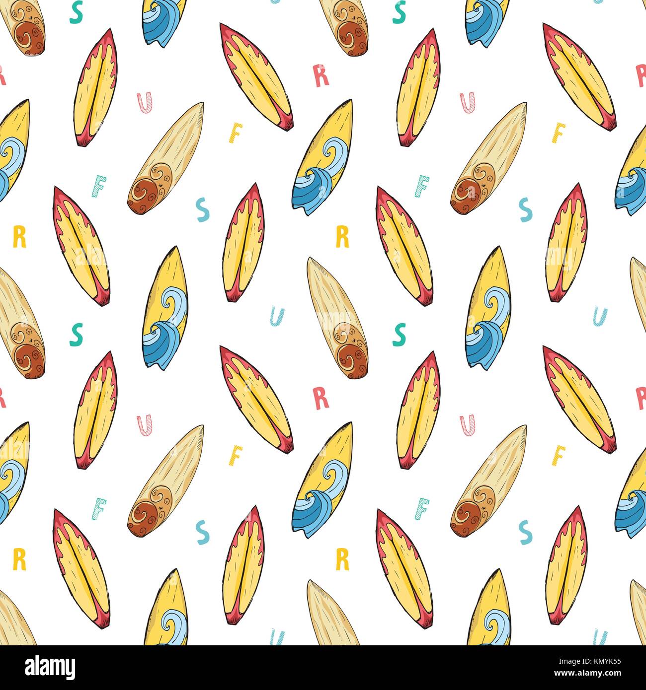 Surf boards seamless pattern hand drawn sketch background, typography ...