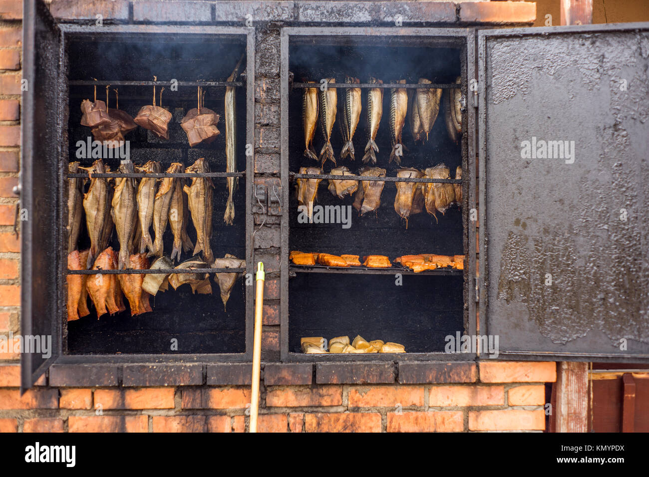 Fish is smoked in a smoker, Mielno, Poland 2017 Stock Photo Alamy