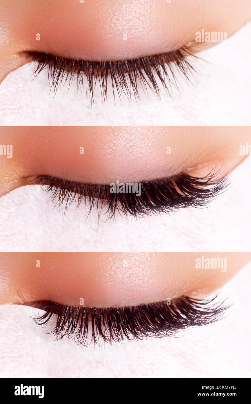 Eyelash Extension Procedure. Comparison of female eyes before and after