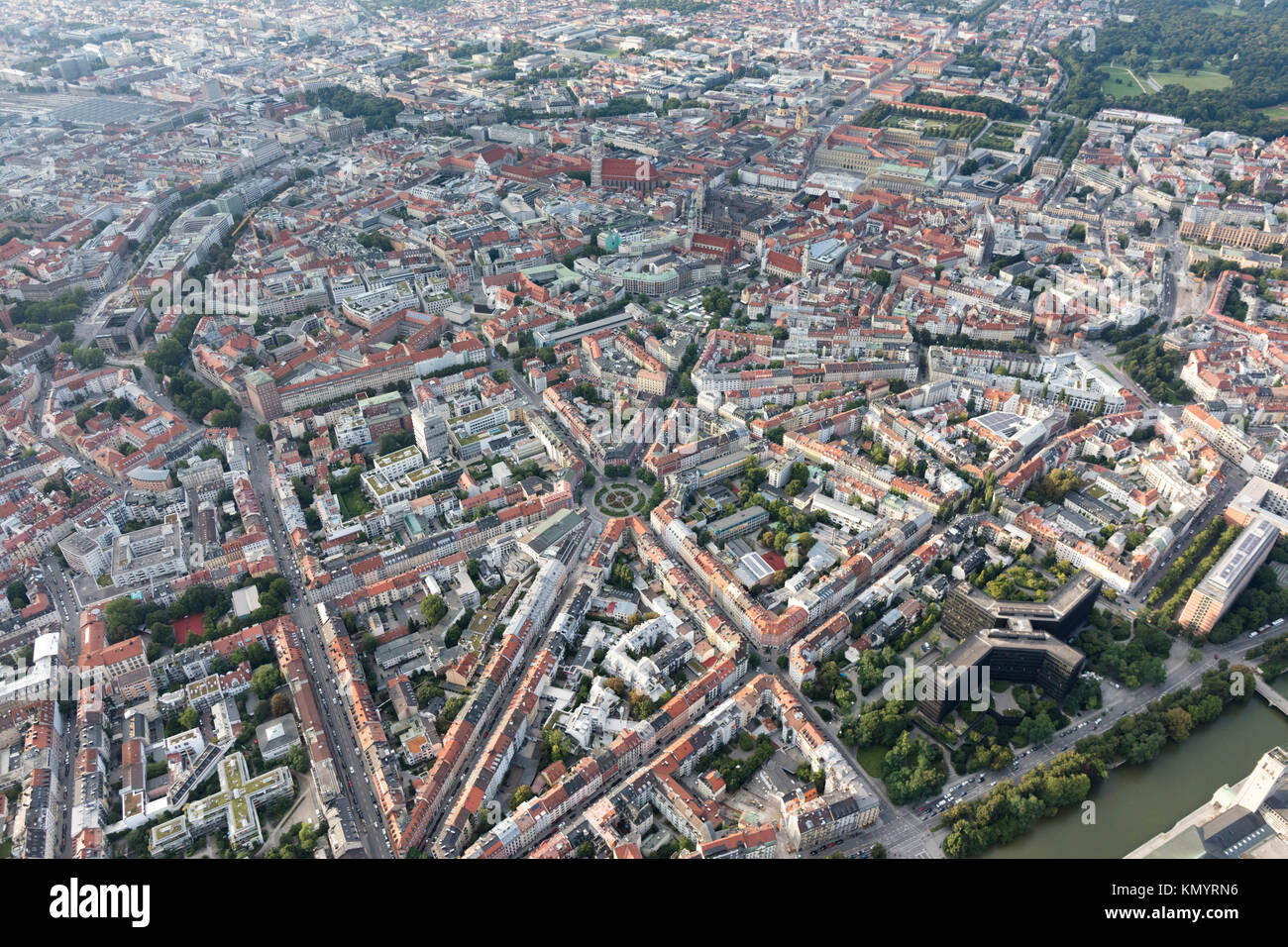 Aerial view of a German suburb with streets and many small houses