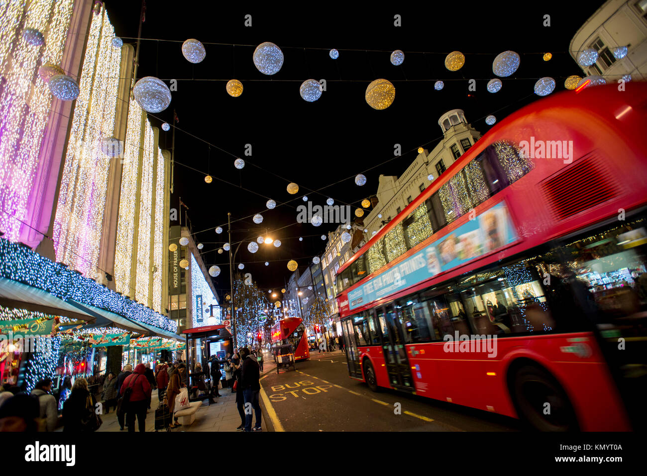 London, Oxford Street shops and Christmas lights 8 December 2017 Stock Photo