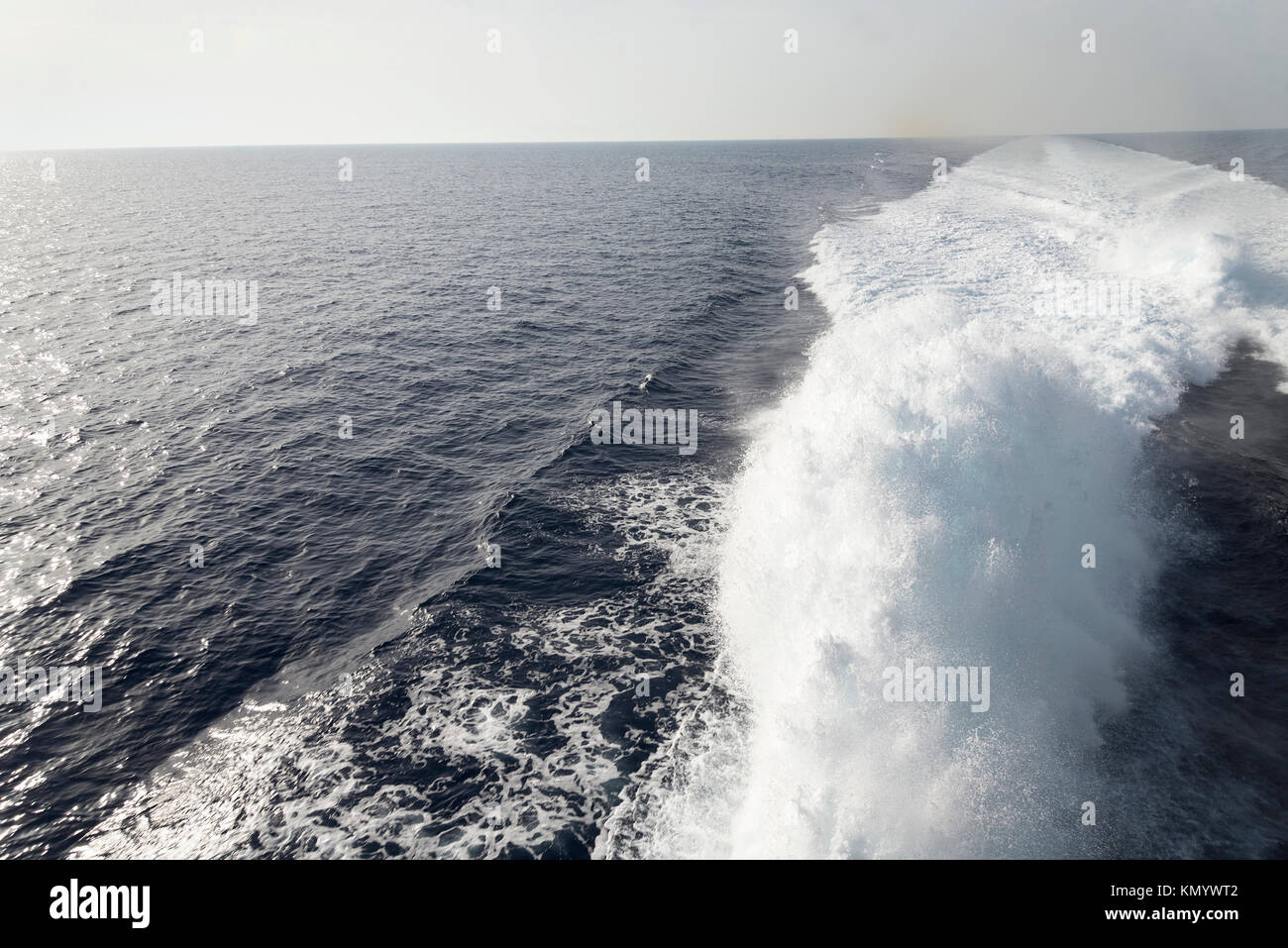 Mark on the surface of the water behind a fast moving boat at sea Stock ...