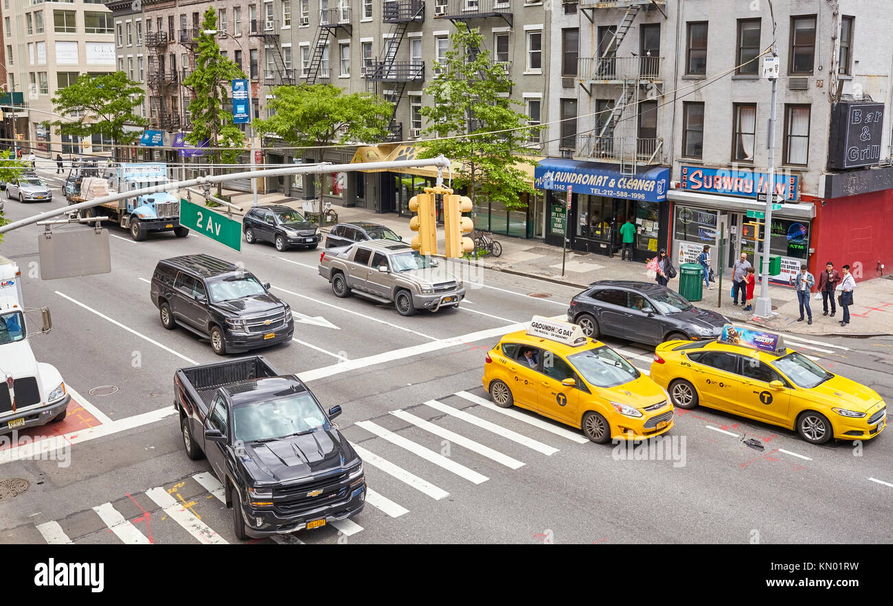New York, USA - May 26, 2017: Traffic on the Second Avenue. 2 Av has carried one way traffic since June 4, 1951. Stock Photo