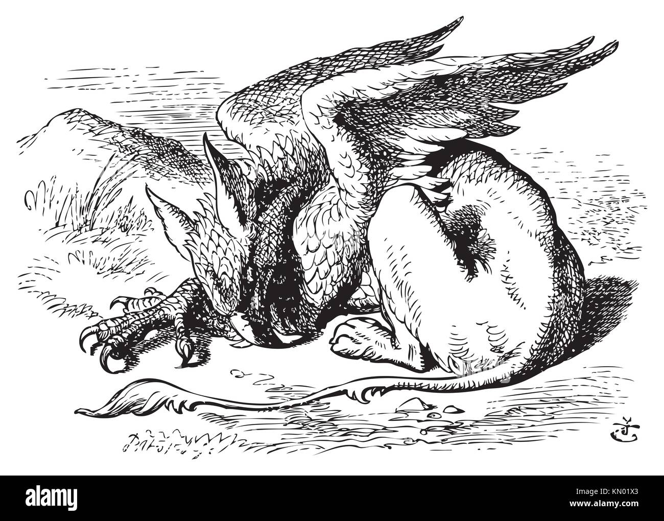 The Sleeping Gryphon - Alice in Wonderland original vintage engraving  They very soon came upon a Gryphon, lying fast asleep in the sun  Illustration Stock Photo