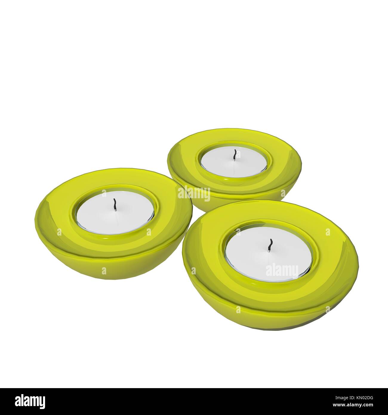 Yellow round ceramic candle holders, 3D illustration, isolated against