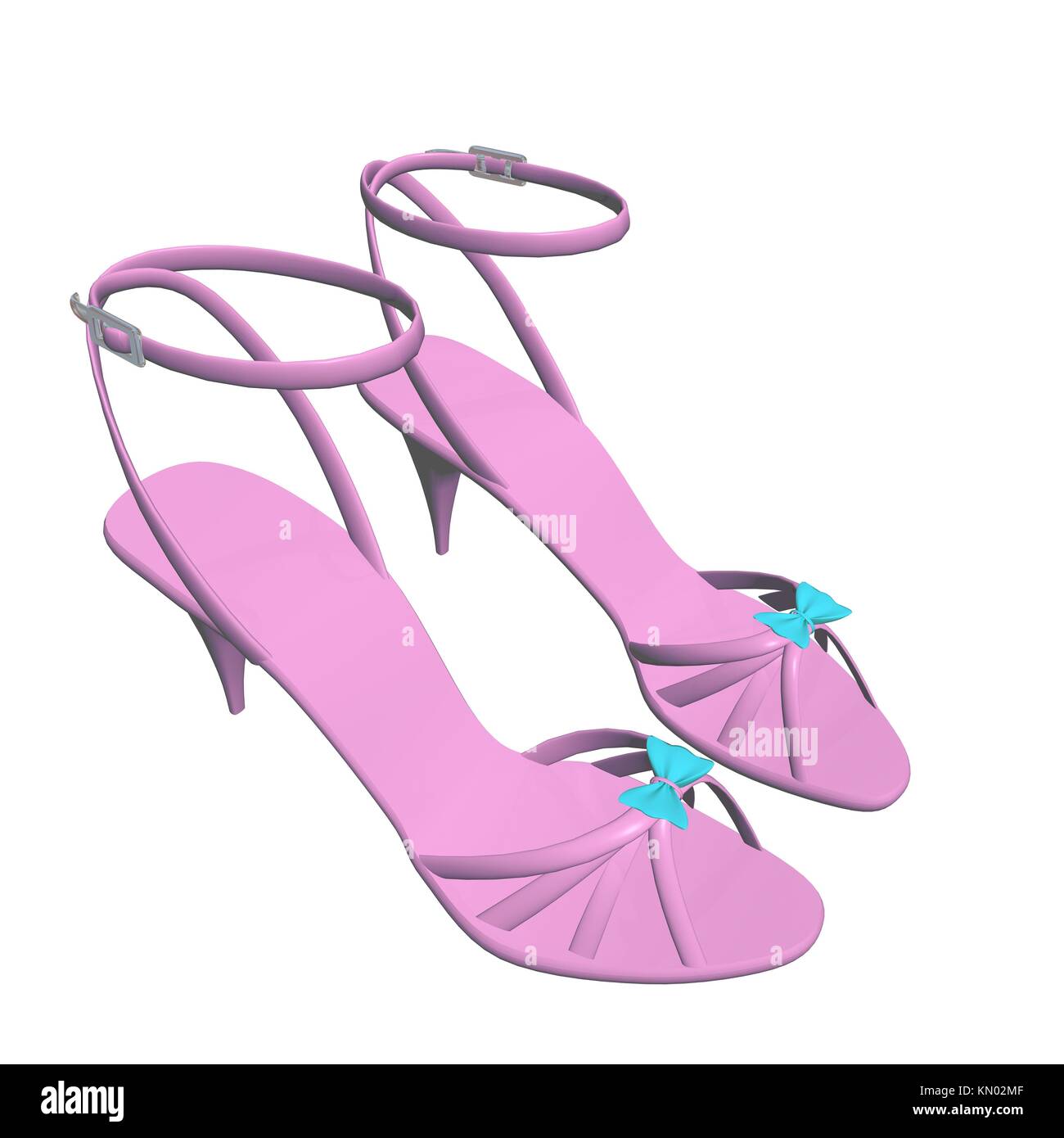Pink stilleto heels or hig heels shoes with ankle strap and blue ribbon, 3D illustration, isolated against a white background Stock Photo