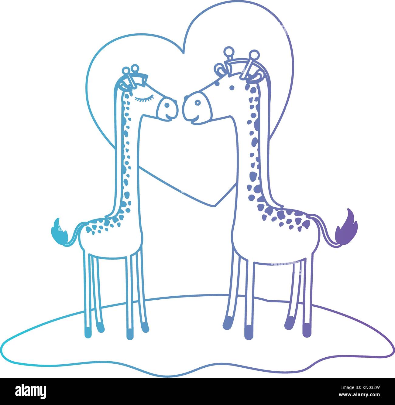 giraffes couple over grass in degraded blue to purple color contour with heart in background Stock Vector