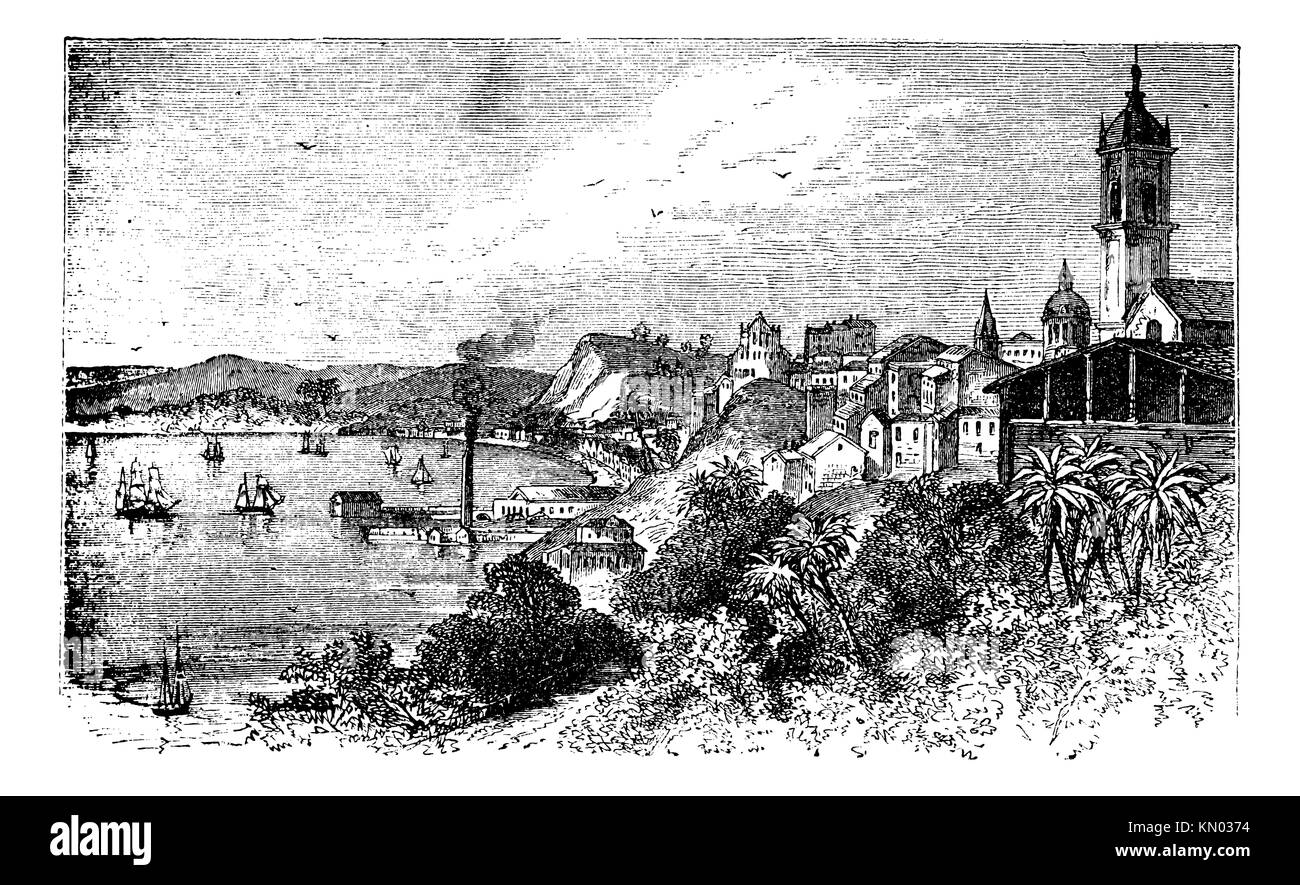 Bahia in Salvador, Brazil, during the 1890s, vintage engraving  Old engraved illustration of the coast of Bahia Stock Photo