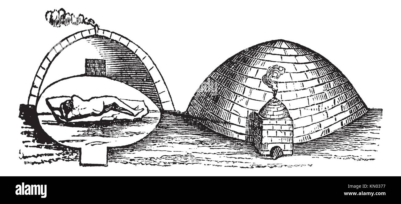 Mexican Vapor Bath or Temazcal, vintage engraving  Old engraved illustration of a Mexican Vapor bath showing cross-section of the chamber left and Stock Photo