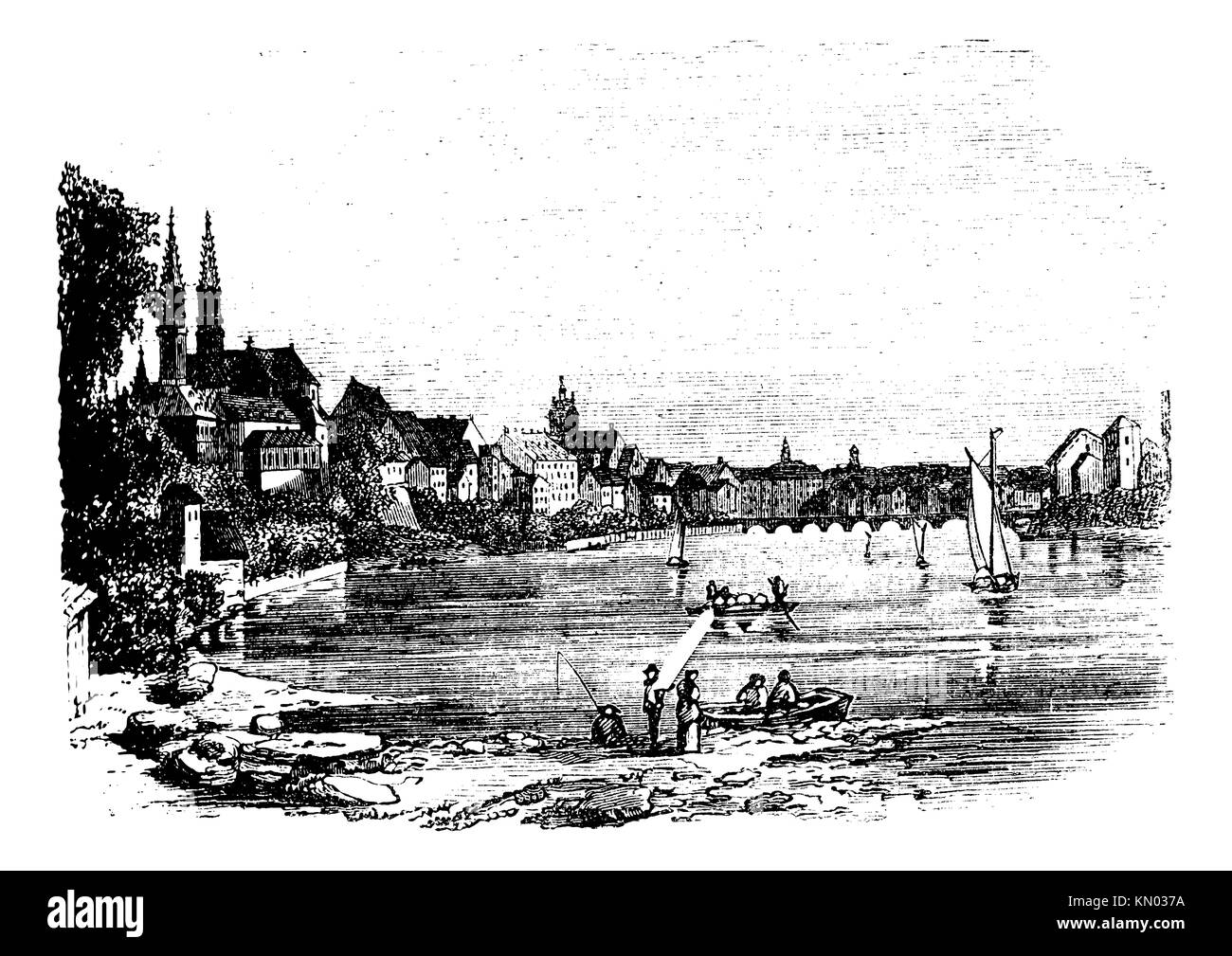 Bale, in Istria, Croatia, during the 1890s, vintage engraving  Old engraved illustration of Bale showing people fishing and sailing on the coast Stock Photo