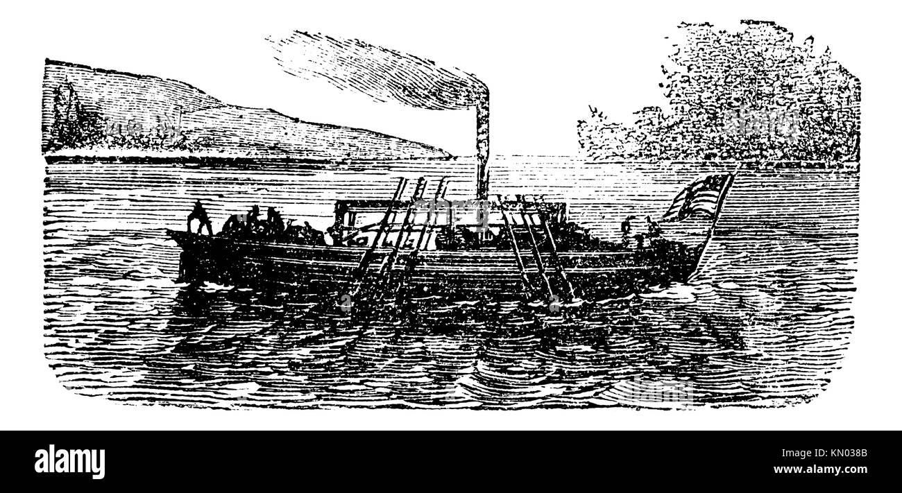Paddle steamer or the steamboat experiment by John Fitch in 1786, USA, vintage engraving  Old engraved illustration of the steamboat experiment by Stock Photo