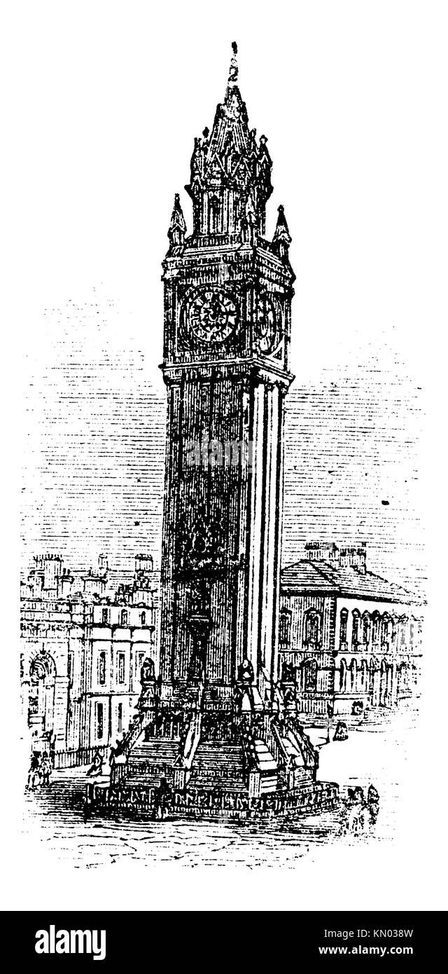 Albert Memorial Clock, in Belfast, Ireland, during the 1890s, vintage engraving  Old engraved illustration of the Albert Memorial Clock Stock Photo