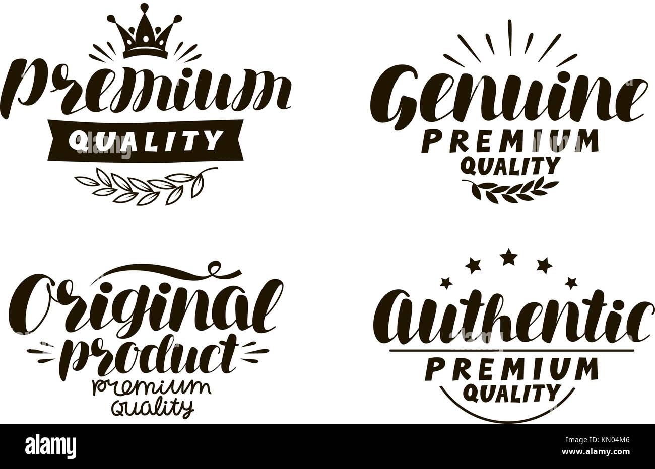Premium, genuine, original, authentic logo or label. Description of goods, typography concept. Lettering vector illustration Stock Vector