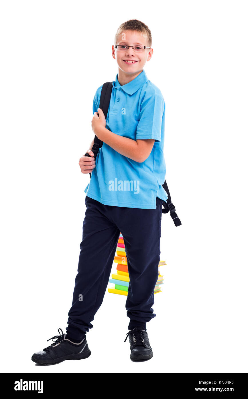 Schoolboy wearing backpack ready to go to school Stock Photo
