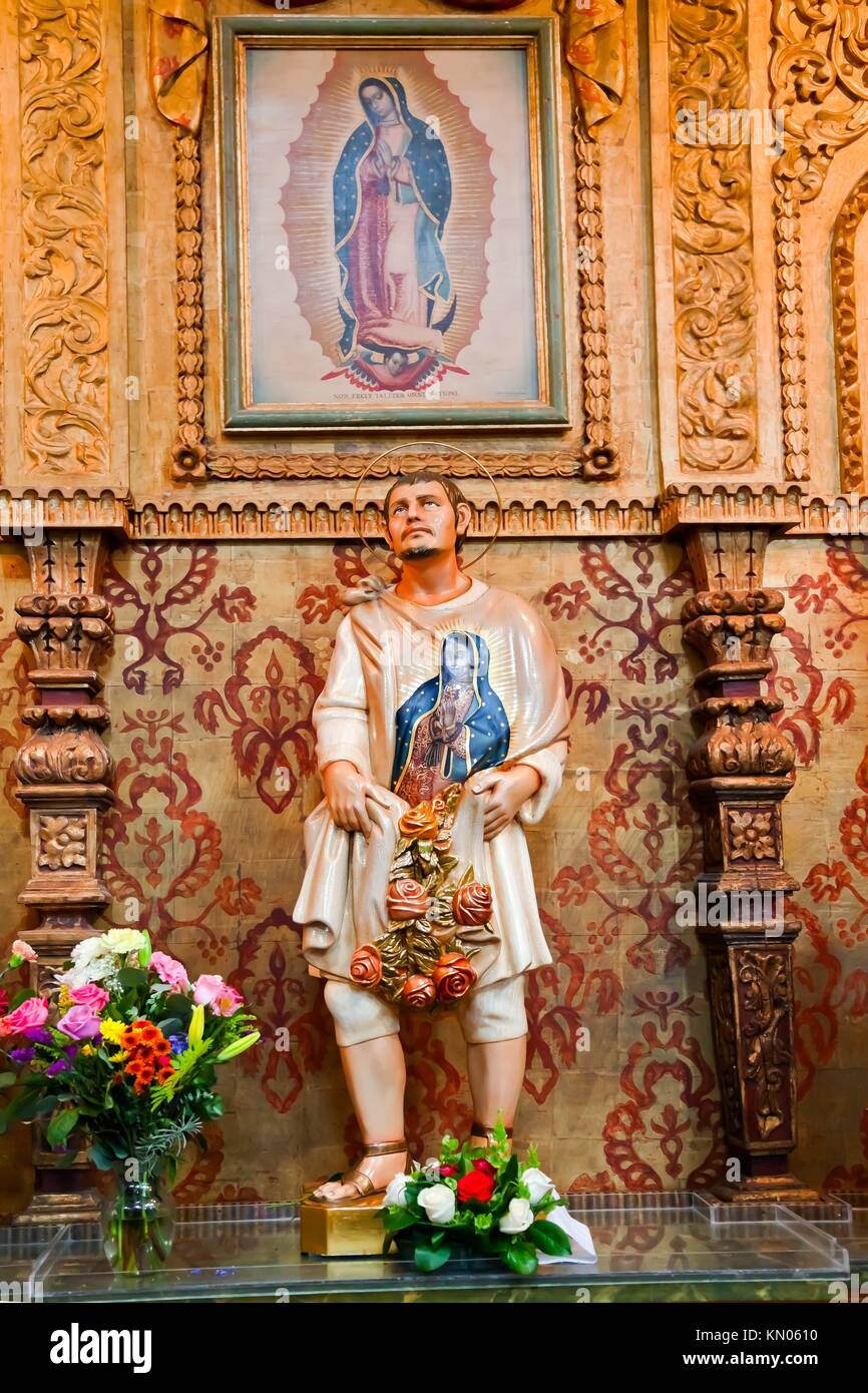 Guadalupe Shrine Mission Basilica San Juan Capistrano Church California  Mexican peasant Juan Diego Statue with Guadalupe on his tunic Stock Photo -  Alamy