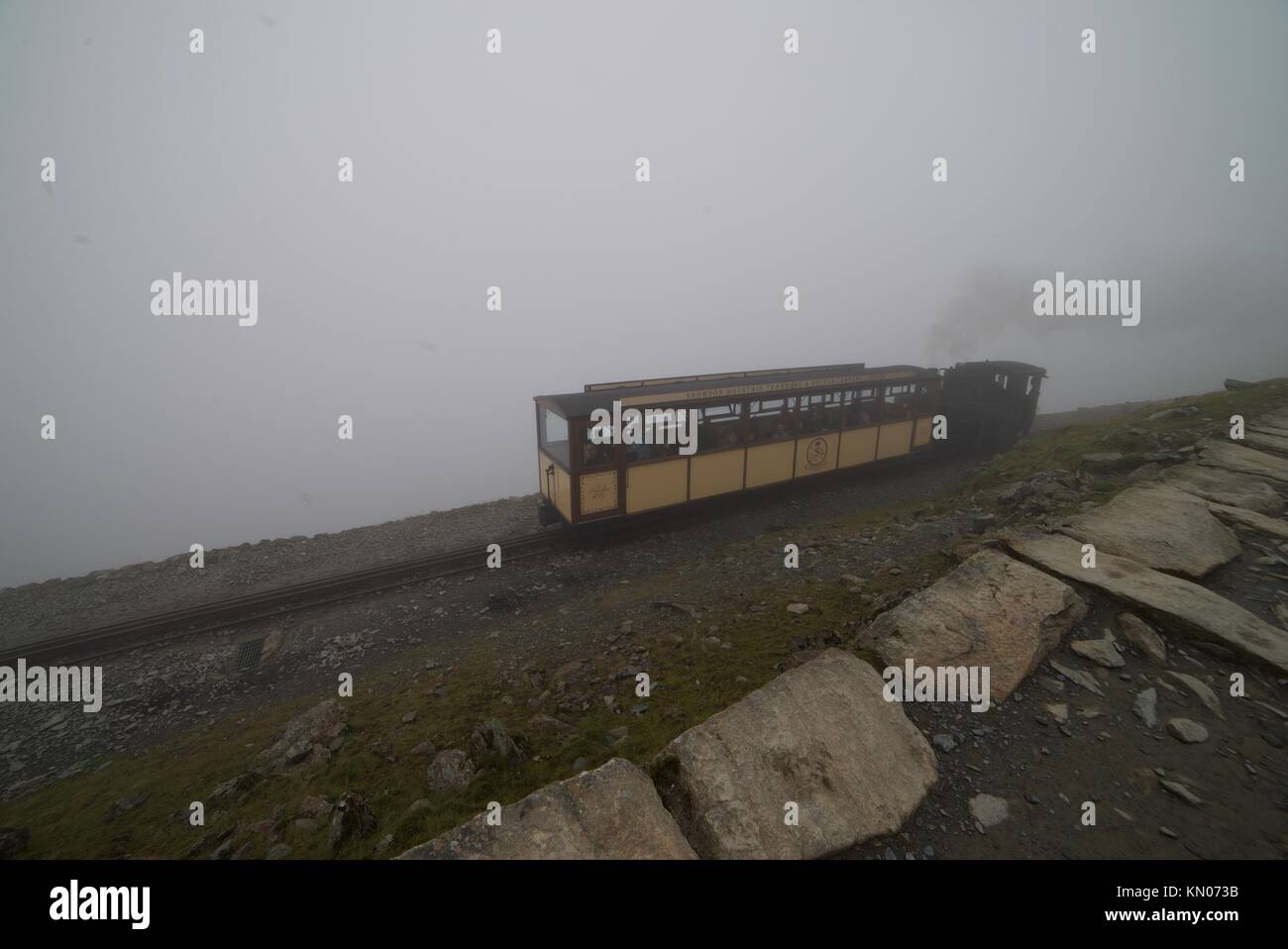 Railway track along Snowdon Mountain in Snowdonia National Park, Wales. Stock Photo