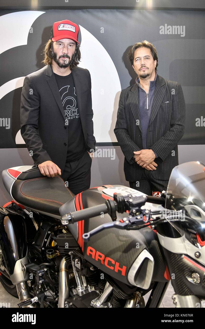 Keanu Reeves presents the Arch Motorcycle during the EICMA 2017 Featuring:  Keanu Reeves, Hard Holliger Where: Milan, Milan, Italy When: 08 Nov 2017  Credit: IPA/WENN.com **Only available for publication in UK, USA,