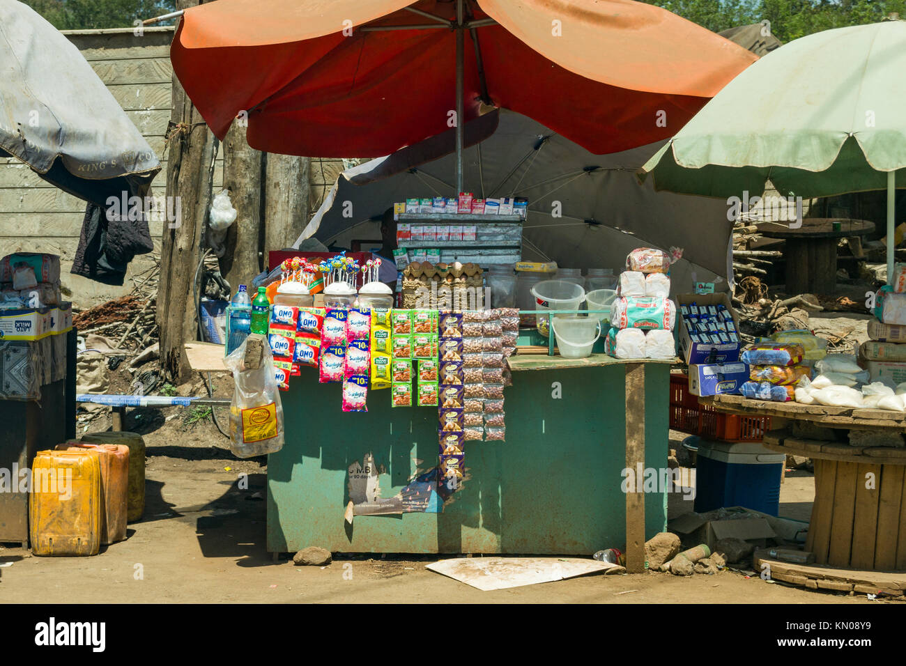 Roadside stalls selling food and drink items on display, Nairobi, Kenya