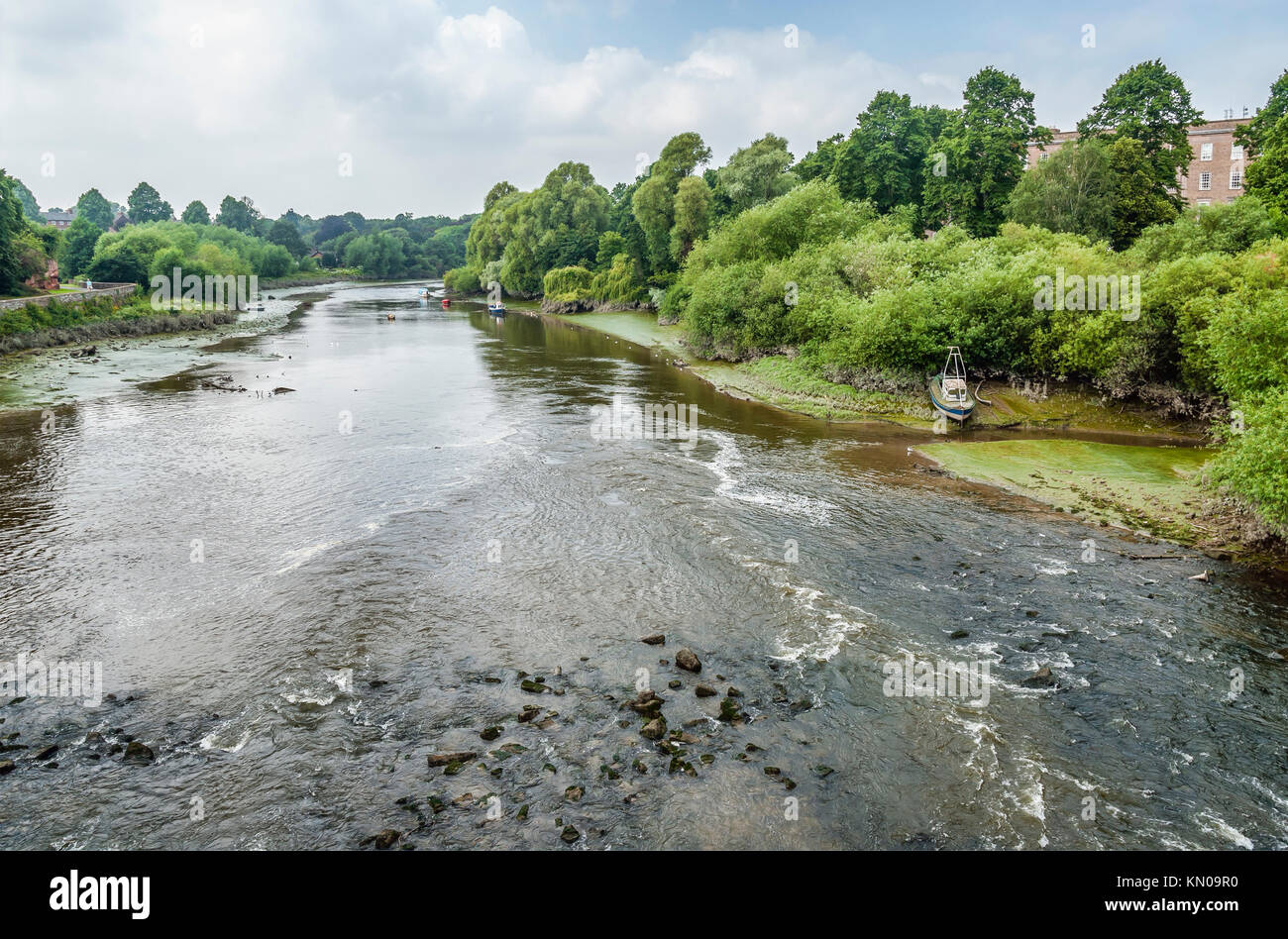 Riverscape of River Dee seen from the Old Dee Bridge in Chester; Cheshire; England; the oldest bridge in the city. Stock Photo
