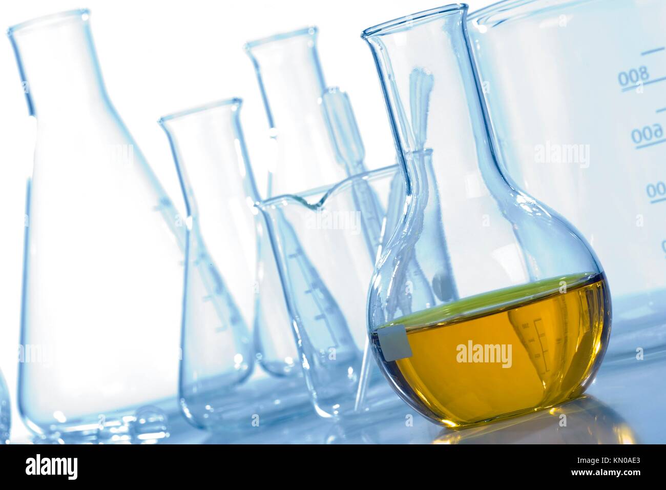 Glass laboratory equipment for science research Stock Photo