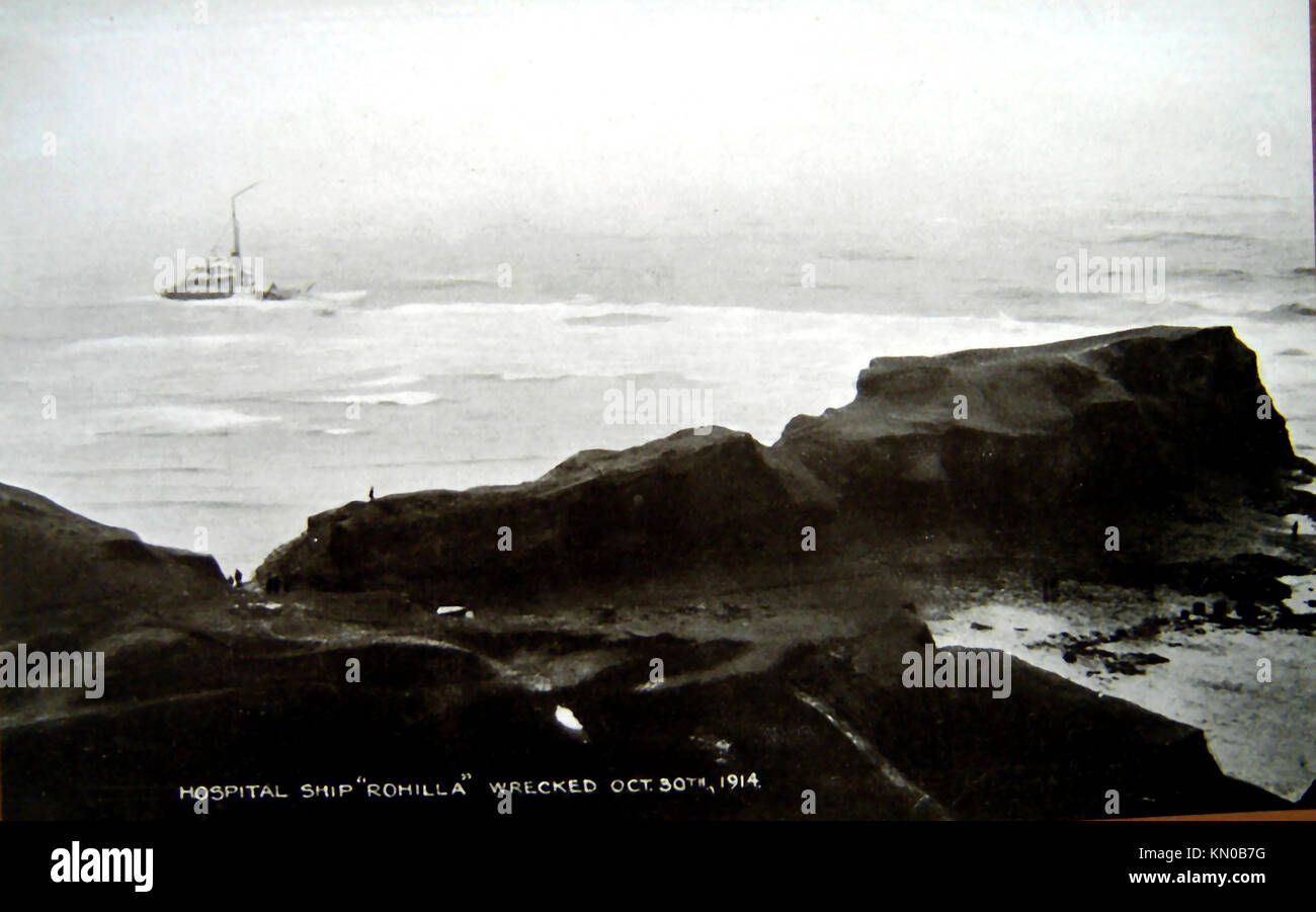 A 1914 postcard photograph showing the wreck of the hospital ship Rohilla  before she broke up at Saltwick Nab (shown here) near Whitby. Stock Photo