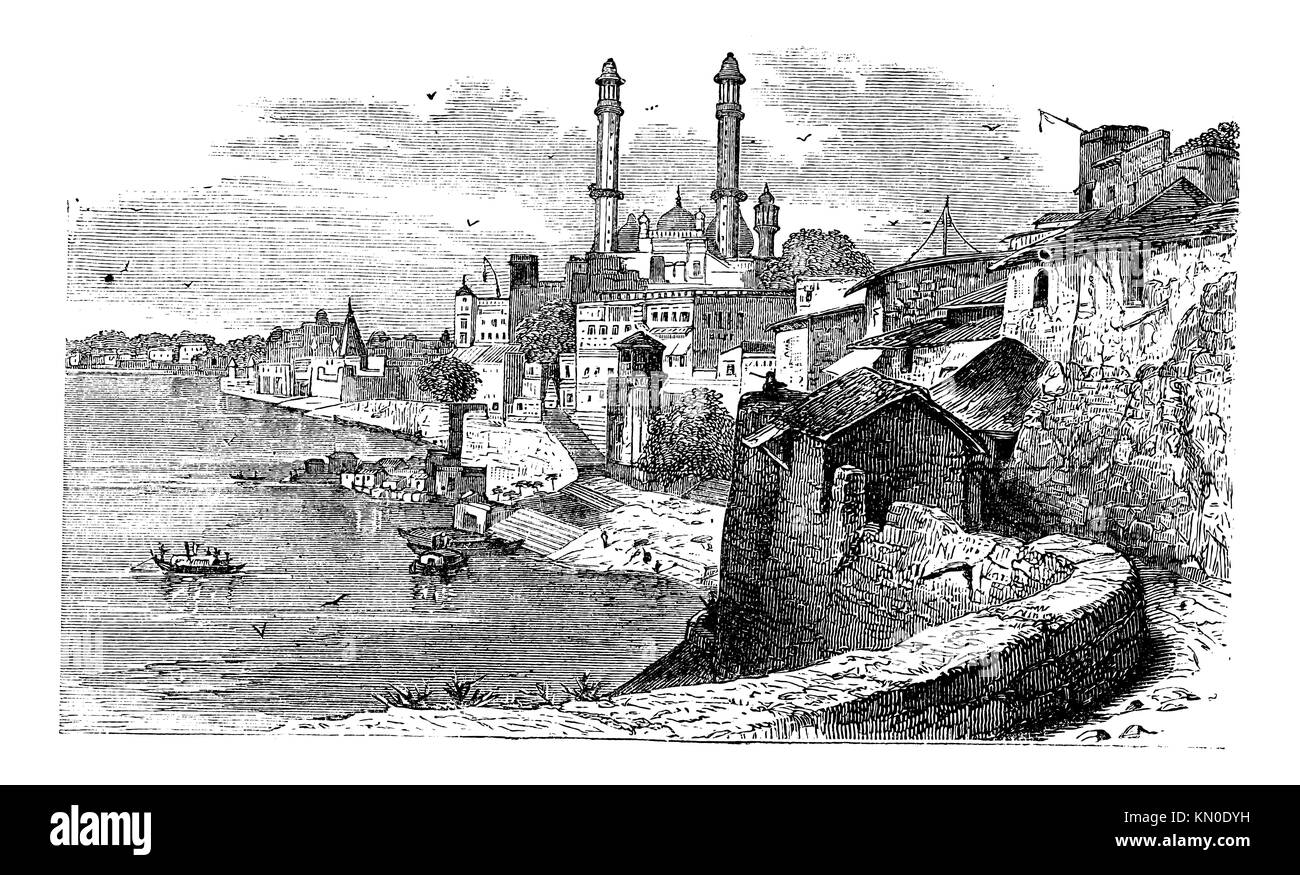 Varanasi or Banares or Banaras, in Uttar Pradesh, India, during the 1890s, vintage engraving  Old engraved illustration of Varanasi Stock Photo