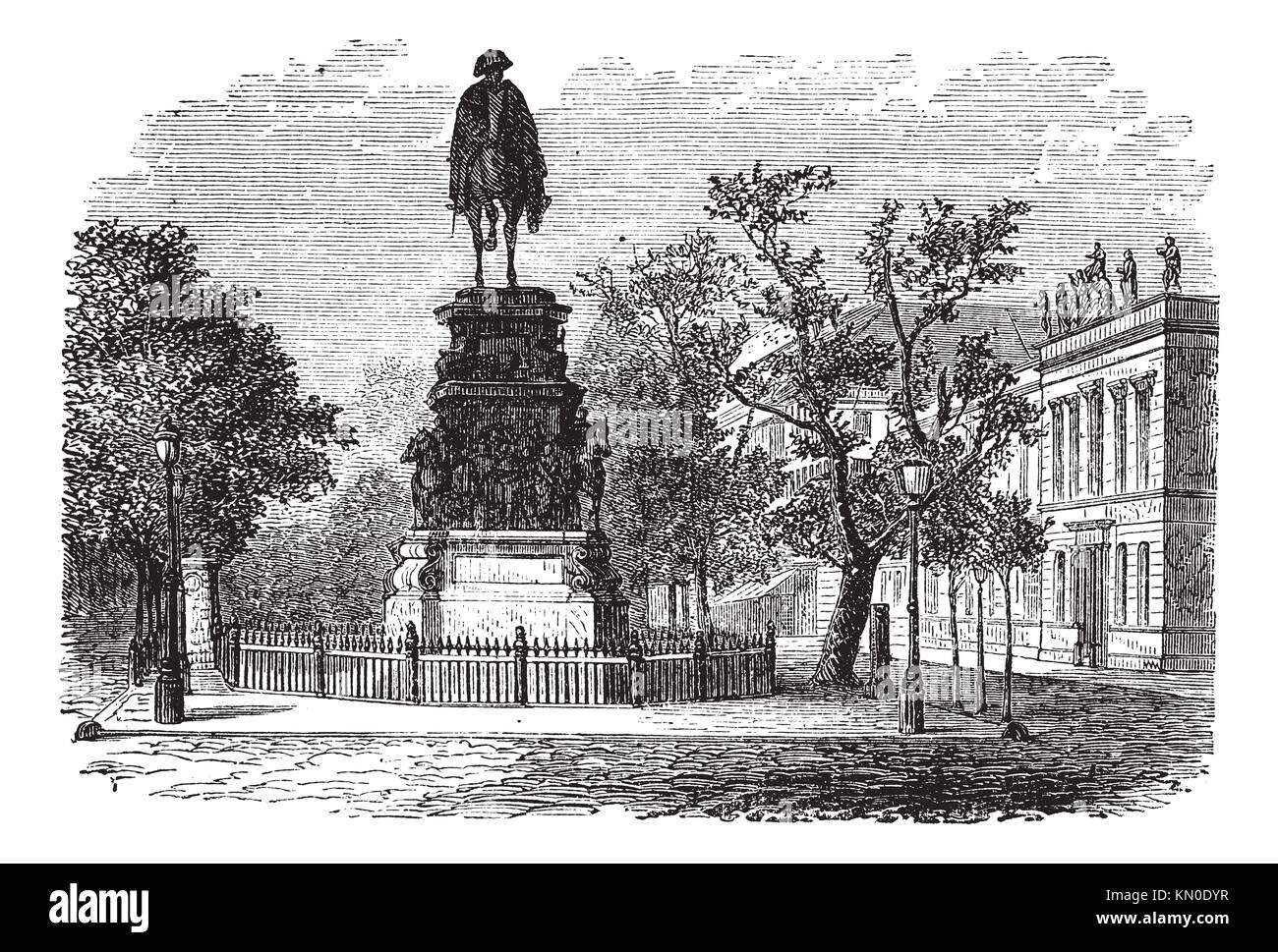 Frederick the Great also known as Fritz, king, statue, Berlin, Germany, old engraved illustration of the Frederick the Great king, statue, Berlin, Stock Photo