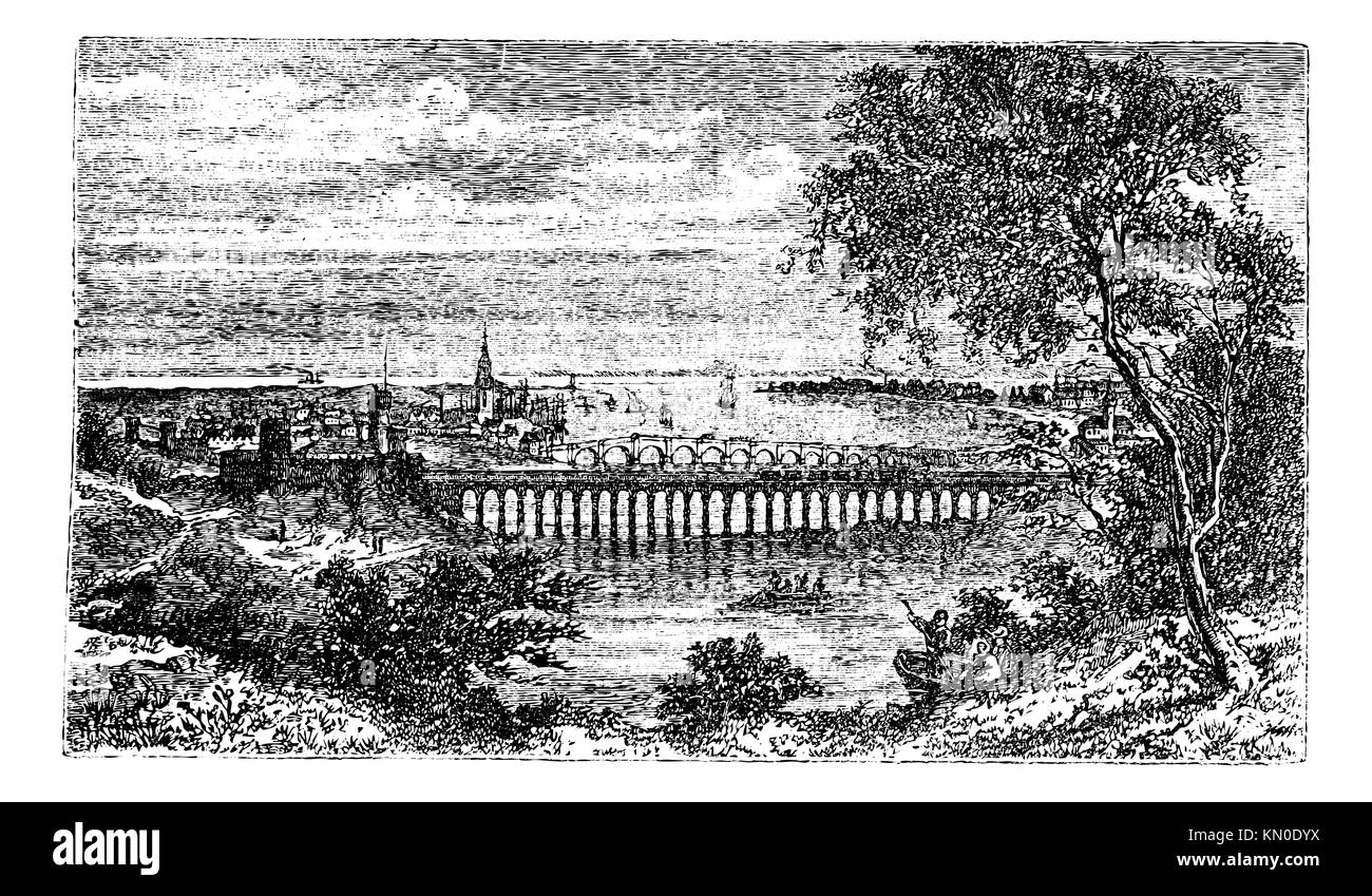 Berwick-upon-Tweed also known as Berwick town, Northumberland, England, old engraved illustration of the town, Berwick, England Stock Photo