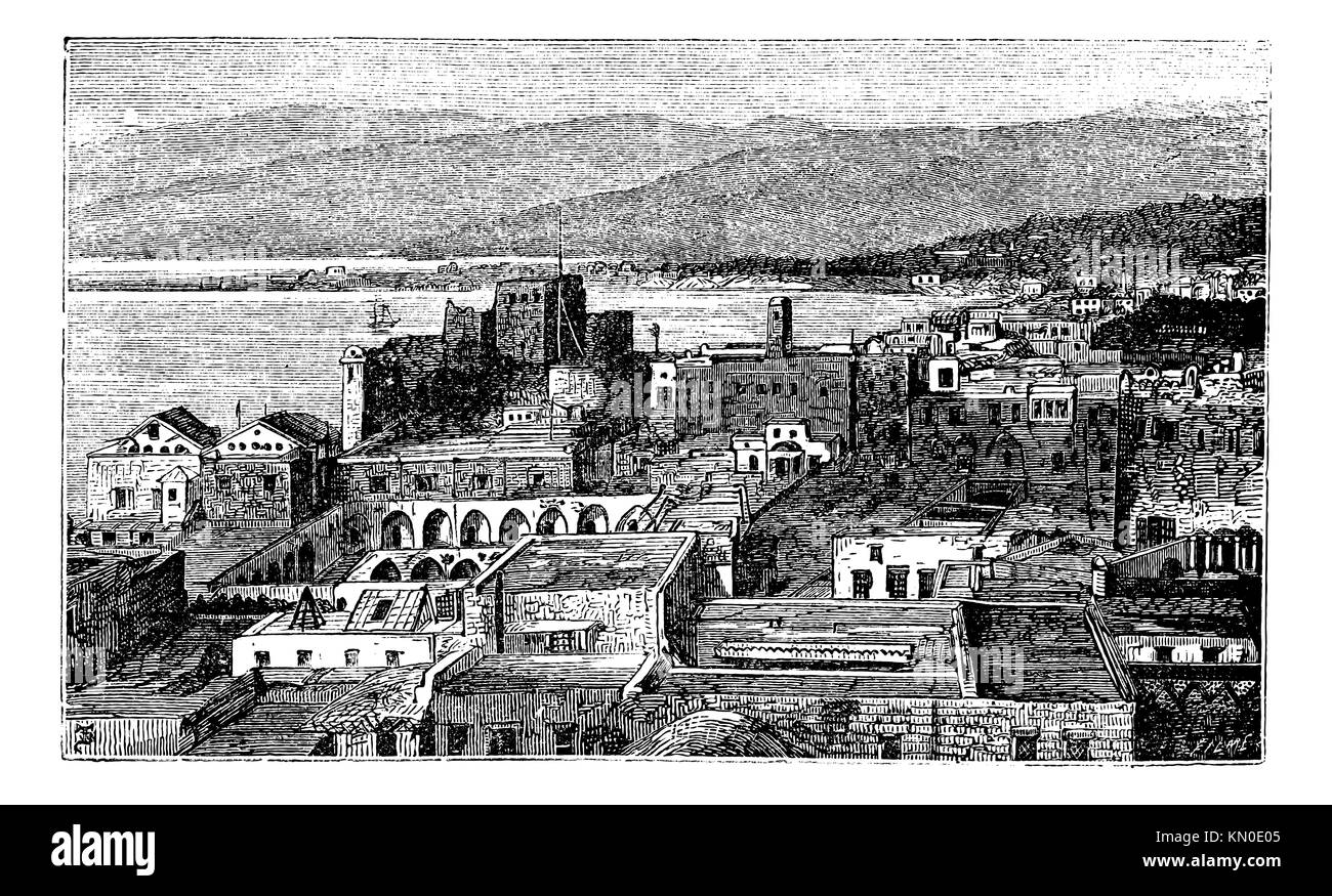 Beirut city, Lebanon, vintage engraving  Old engraved illustration of the city of Beirut in Lebanon in the 1890s, cityscape Stock Photo