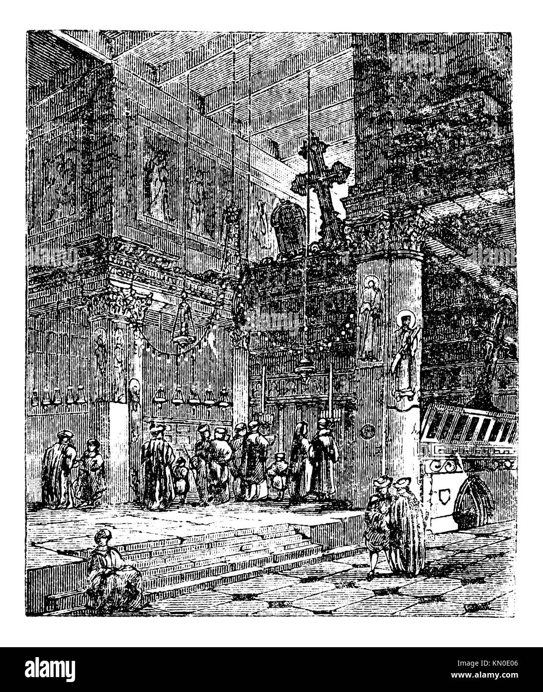 Church of the Nativity, church, Bethlehem, Israel, old engraved illustration of Church of the Nativity, Bethlehem, Israel, in the 1890s Stock Photo