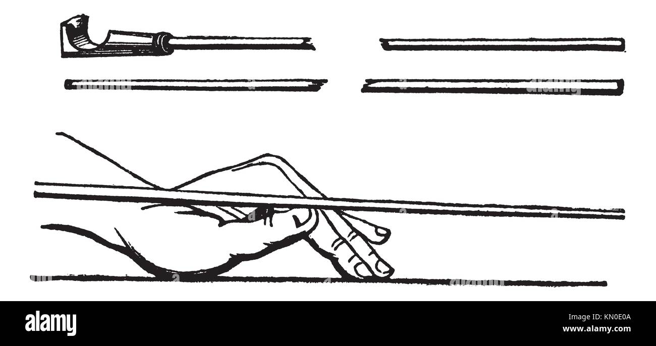Cue stick and left hand cue stick position, Billiards, vintage engraved illustration of Cue stick and left hand cue stick position, Billiards, Stock Photo