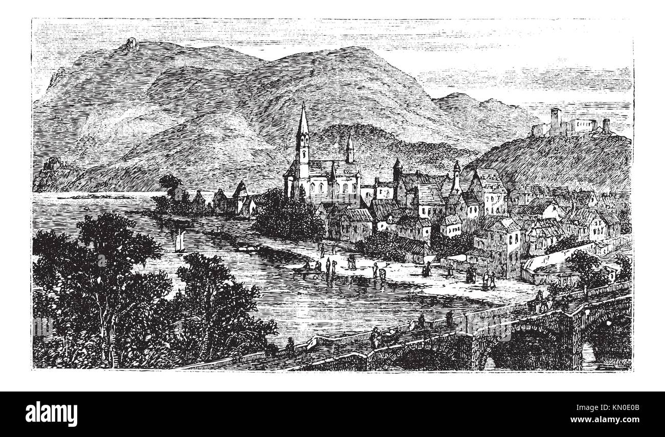 Bingen am Rhein, town in Rhineland-Palatinate, Germany, old engraved illustration of the town Bingen am Rhein, in the 1890s Stock Photo