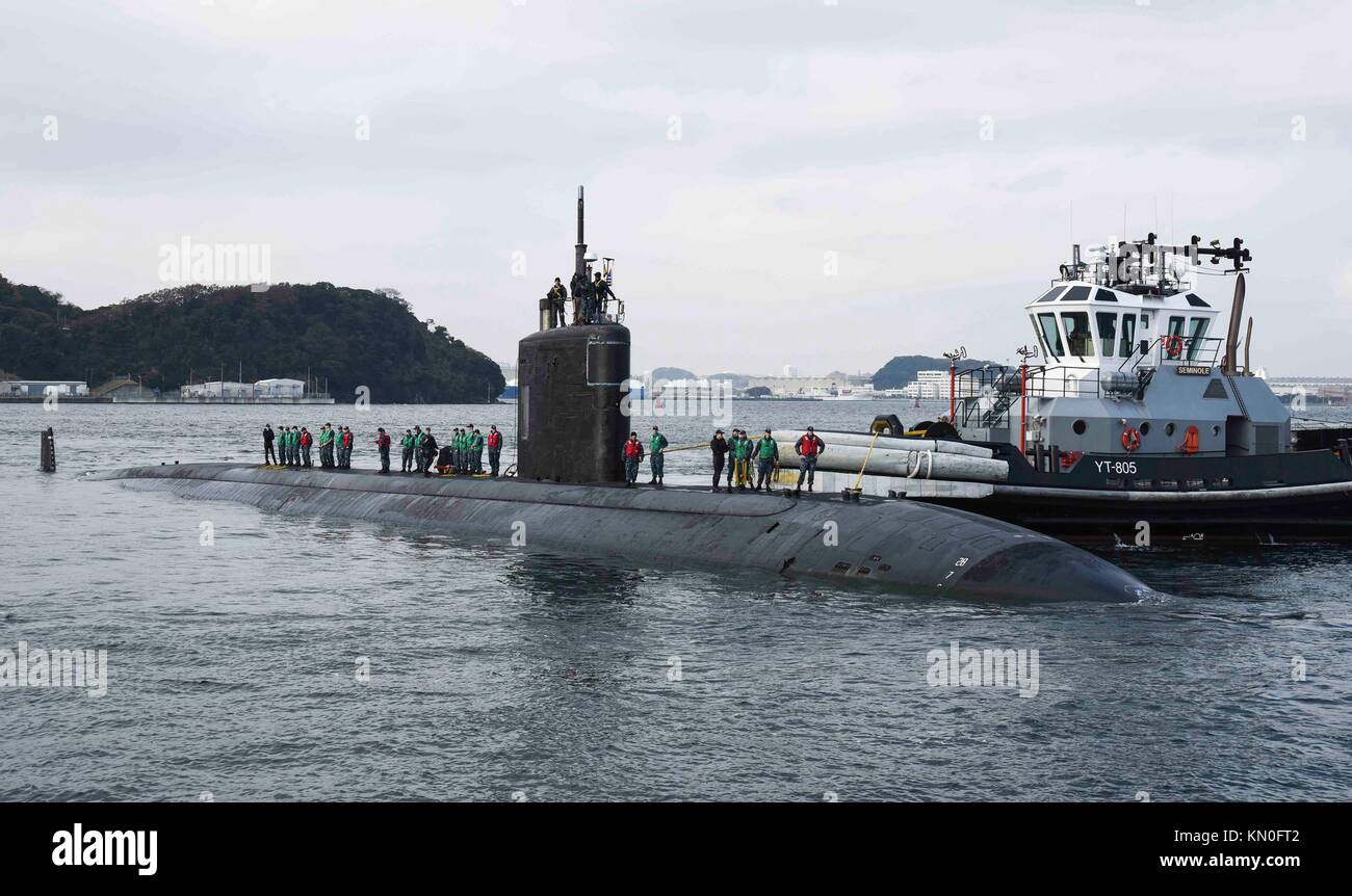 The U.S. Navy Los Angeles-class fast-attack submarine USS Tucson arrives at Fleet Activities Yokosuka for a port visit December 1, 2017 in Yokosuka, Japan.  (photo by Brian G. Reynolds via Planetpix) Stock Photo