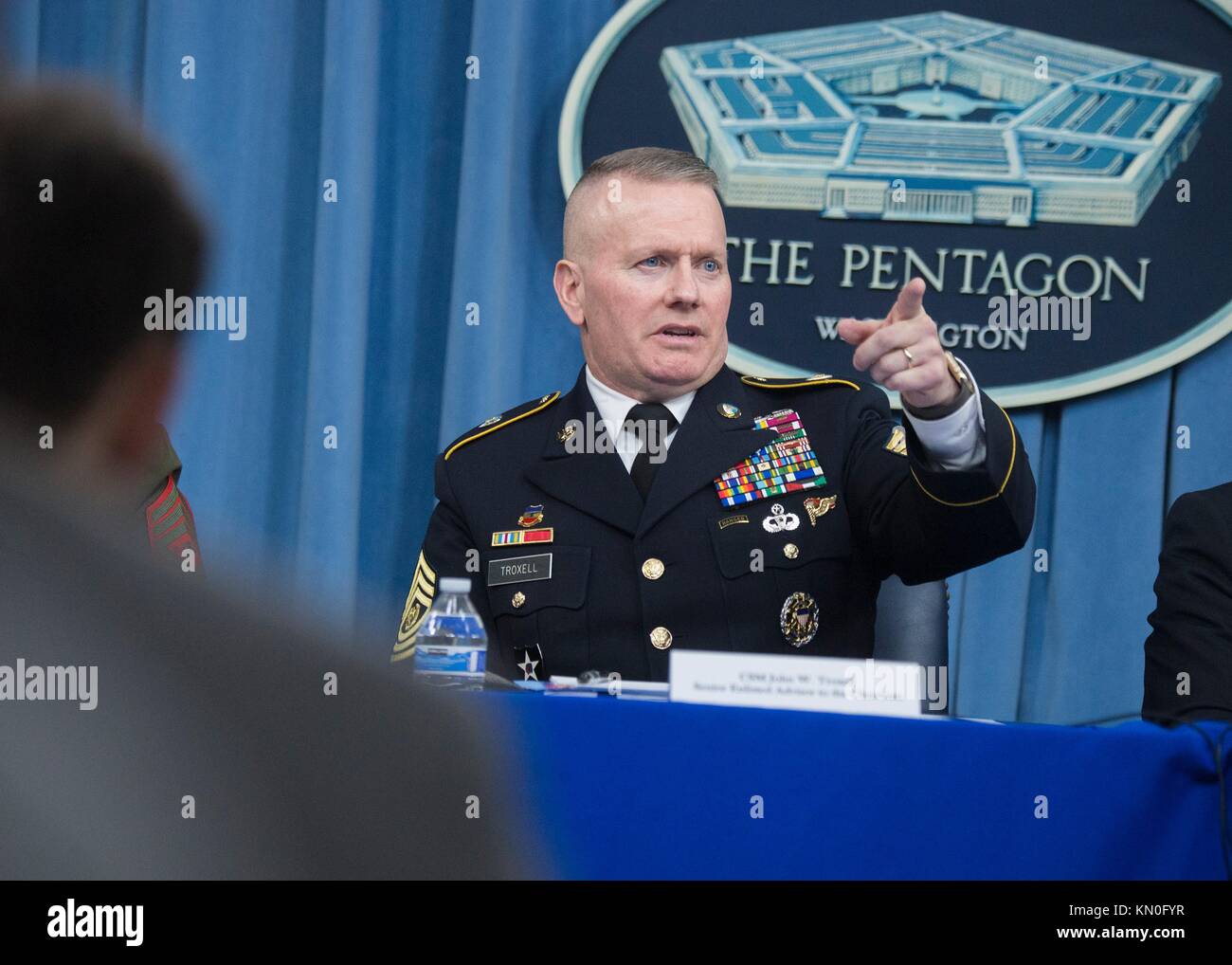 U.S. Joint Chiefs of Staff Chairman Senior Enlisted Advisor John Troxell speaks to the media at the Pentagon Press Briefing Room November 27, 2017 in Washington, DC.  (photo by Dominique A. Pineiro via Planetpix) Stock Photo