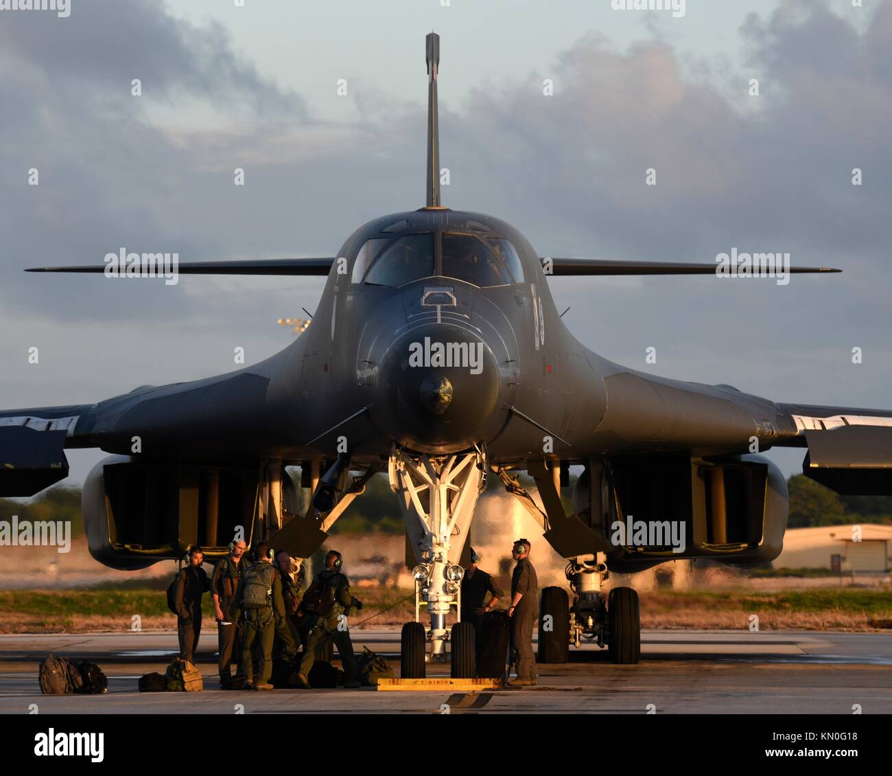 A U.S. Air Force B-1B Lancer strategic bomber aircraft prepares to take off from the runway at the Anderson Air Force Base November 27, 2017 in Yigo, Guam.  (photo by Gerald R. Willis via Planetpix) Stock Photo