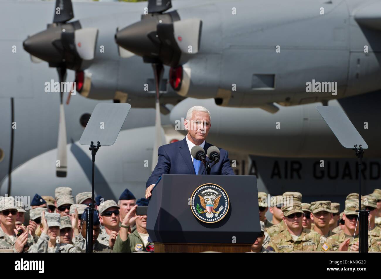 U.S. Vice President Mike Pence speaks to U.S. and Georgian soldiers at the Tbilisi International Airport at the end of Exercise Noble Partner August 1, 2017 in Tbilisi, Georgia.  (photo by John W. Strickland via Planetpix) Stock Photo