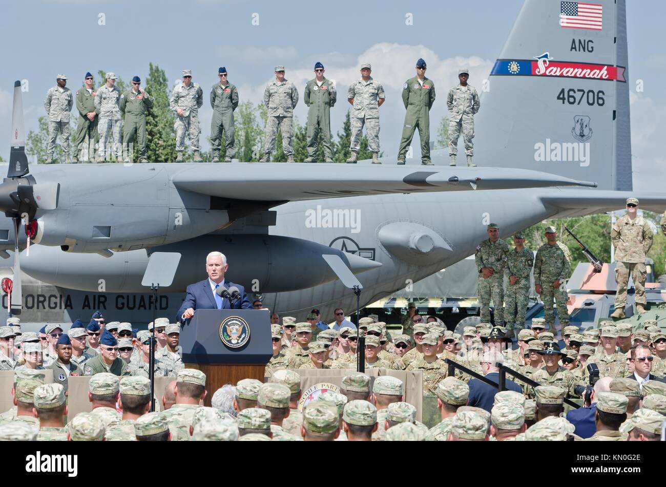 U.S. Vice President Mike Pence speaks to U.S. and Georgian soldiers at the Tbilisi International Airport at the end of Exercise Noble Partner August 1, 2017 in Tbilisi, Georgia.  (photo by John W. Strickland via Planetpix) Stock Photo