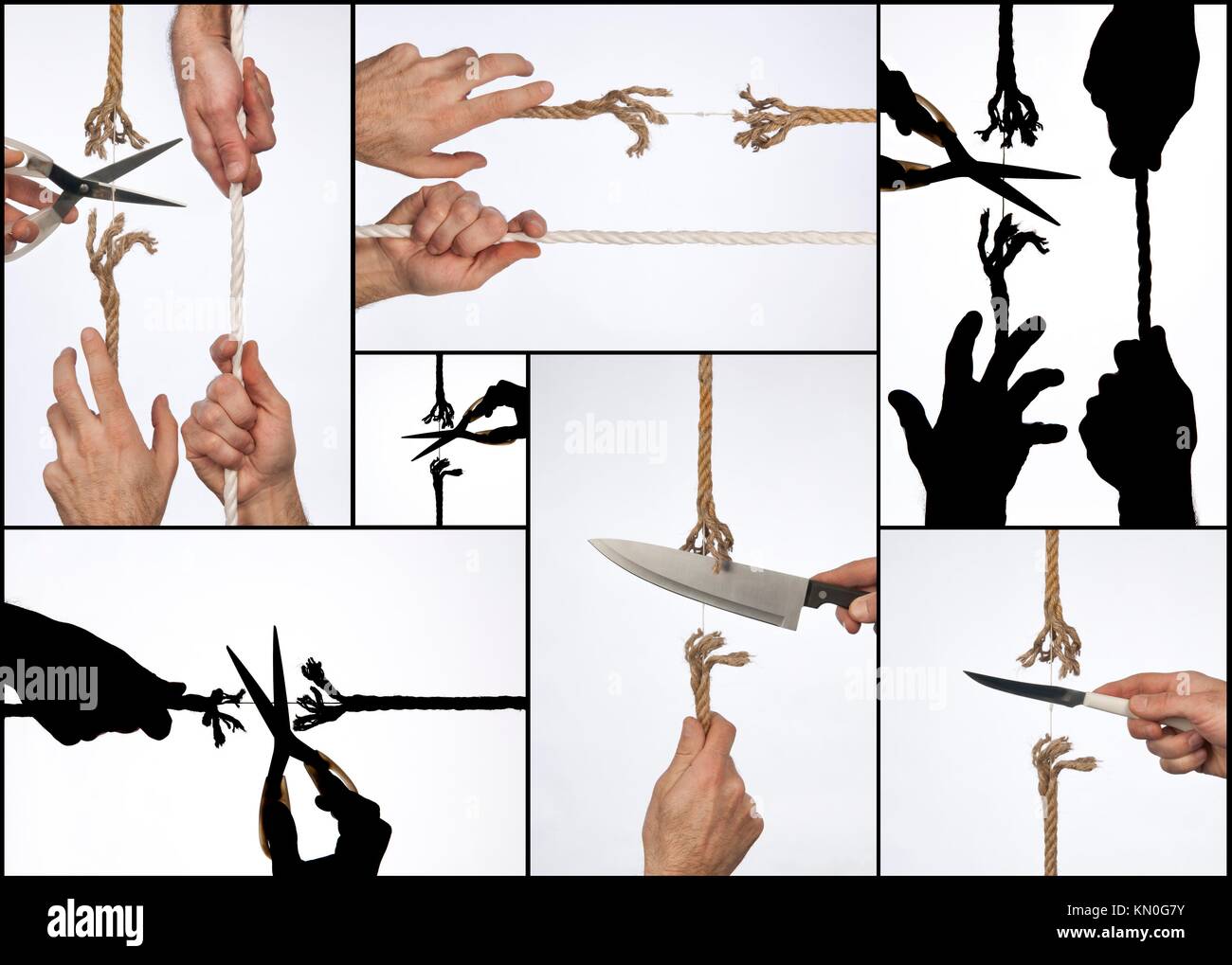 hands pulling rope cut by scissors or knife Stock Photo - Alamy