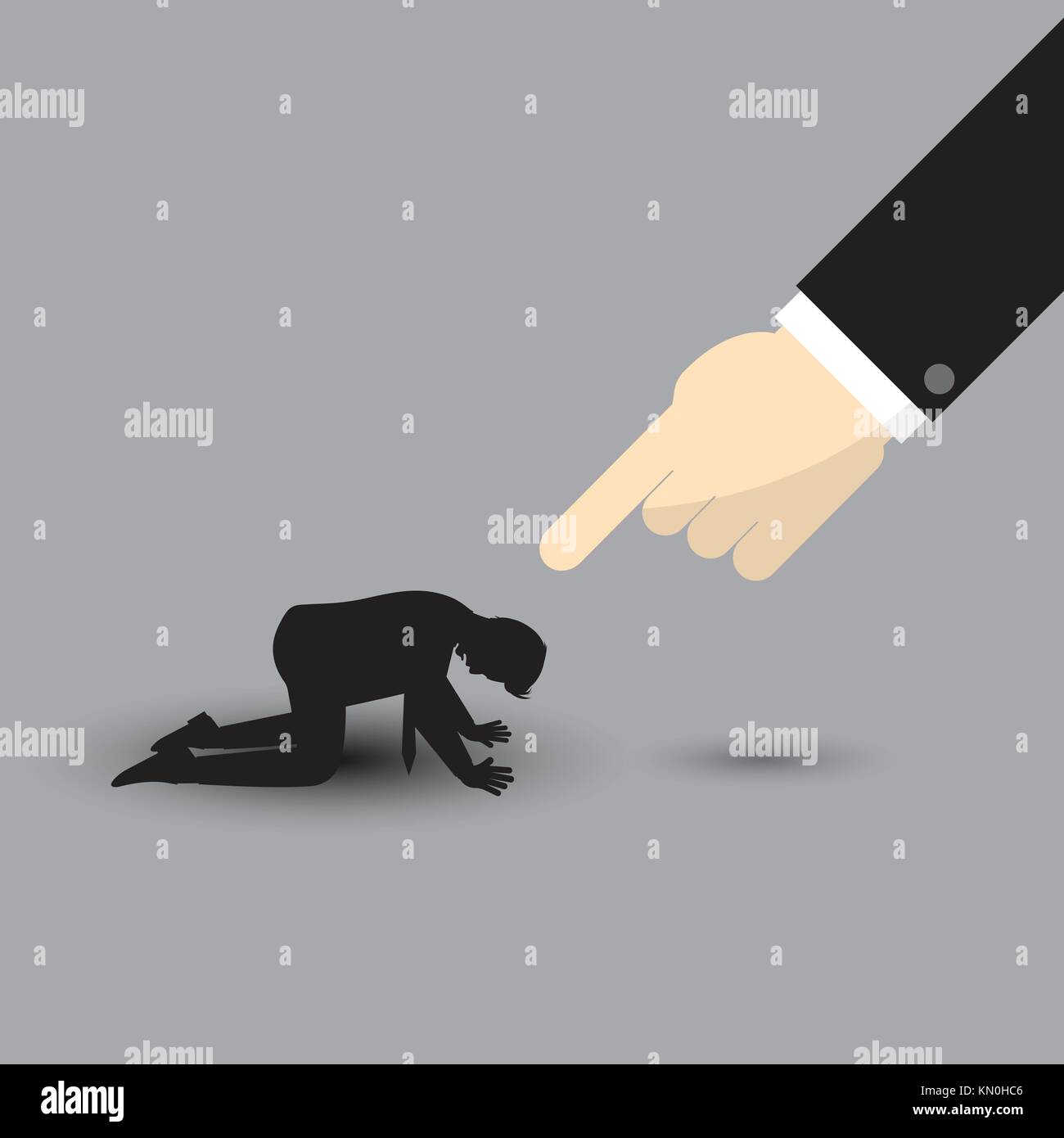 Vector Illustration Business Concept Designed As A Big Arm Pointing At Silhouette Kneeling Businessman. He Is Seriously Criticized, Blamed, Accused. Stock Vector