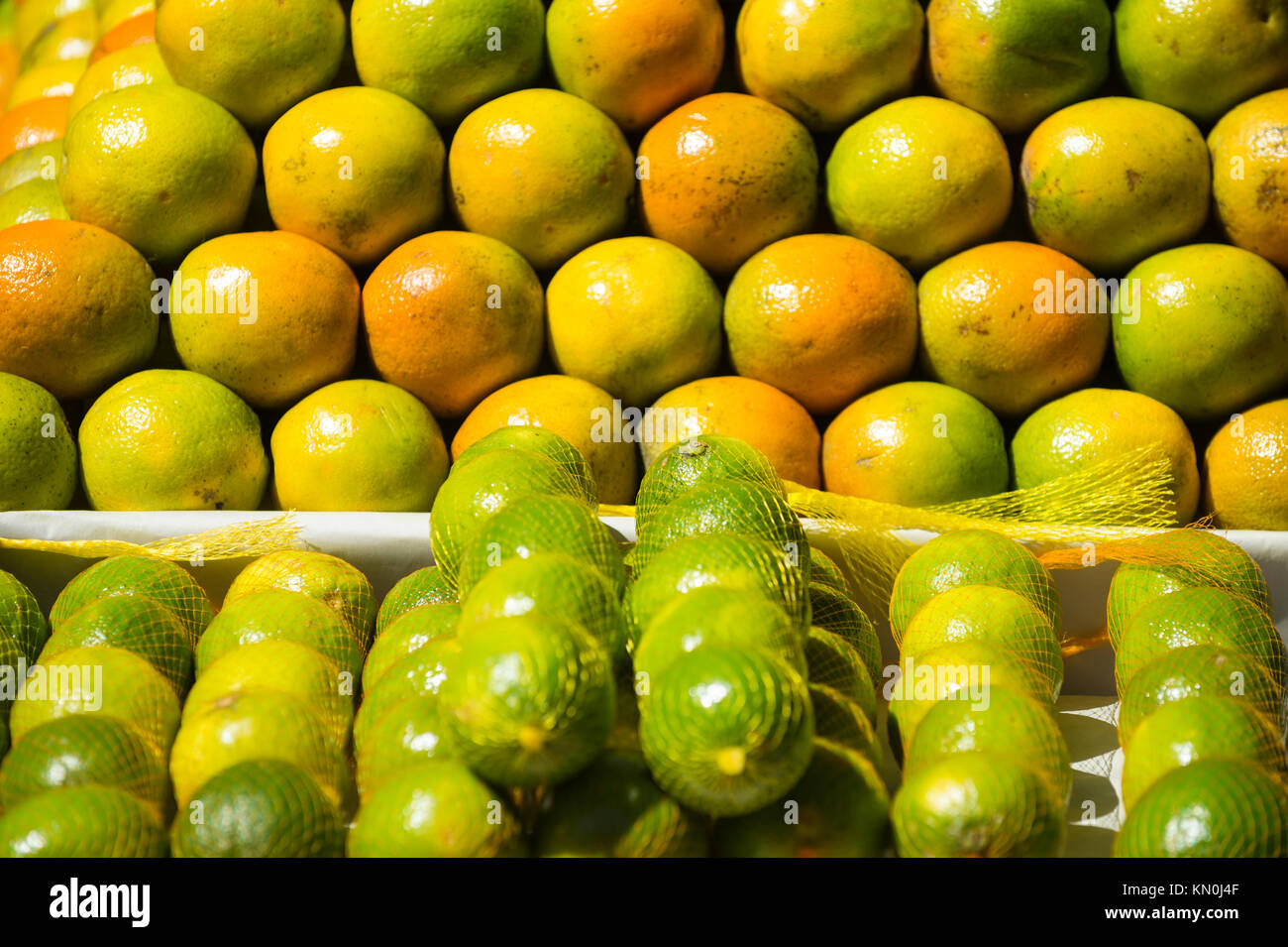 Stack of fresh oranges and limes under natural tropical light at an outdoor farmers market in Rio de Janeiro, Brazil Stock Photo