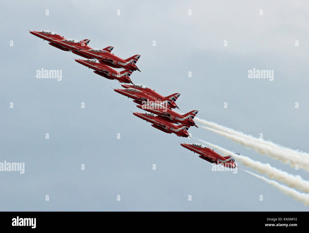 Red Arrows display team at Clacton airshow August 2015 Stock Photo