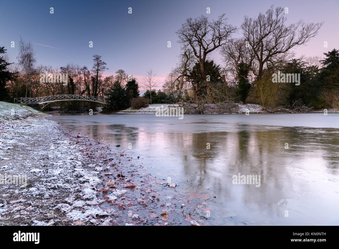 lake with frost at sunrise Stock Photo
