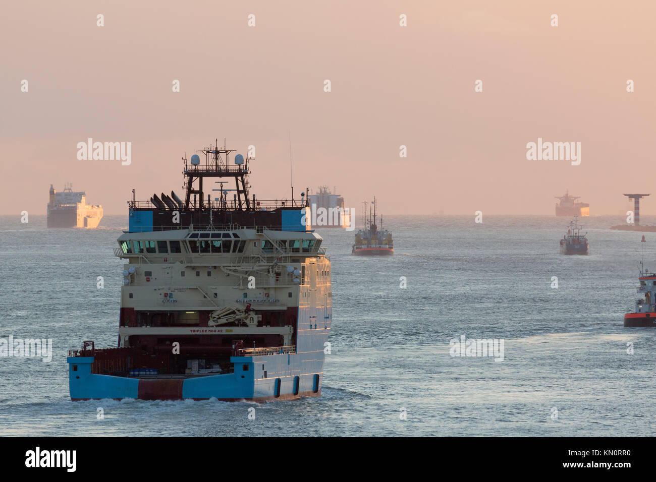 The Maersk Supply Service AHTS-vessel Maersk Mariner departs Rotterdam bound for Australia Stock Photo