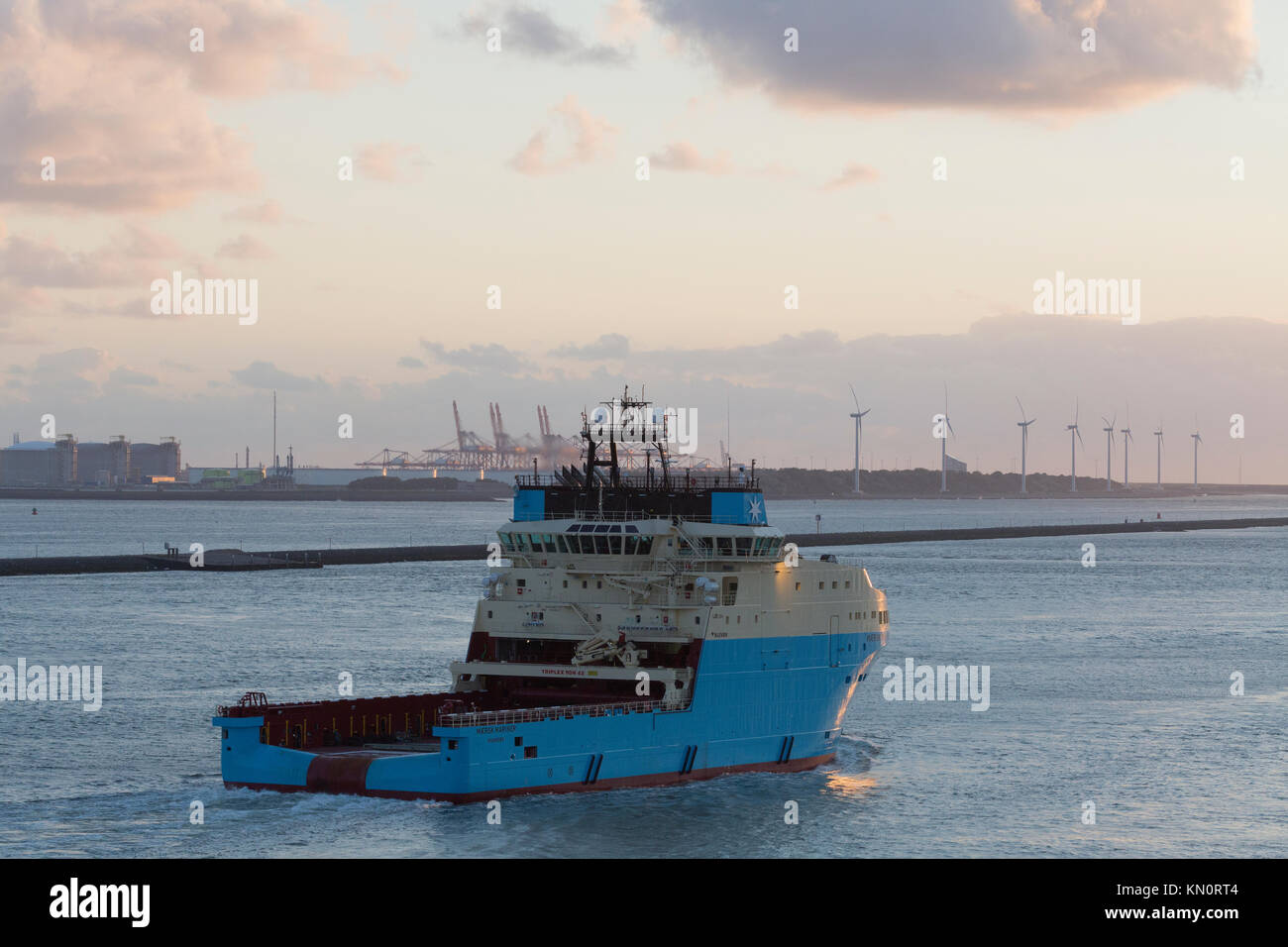 The Maersk Supply Service AHTS-vessel Maersk Mariner departs Rotterdam bound for Australia Stock Photo