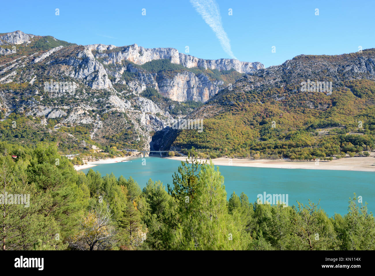 View of Lake Sainte-Croix, looking towards the Southern Entrance of the Verdon Gorge and lower Alps, Var/Alpes-de-Haute-Provence, Provence, France Stock Photo
