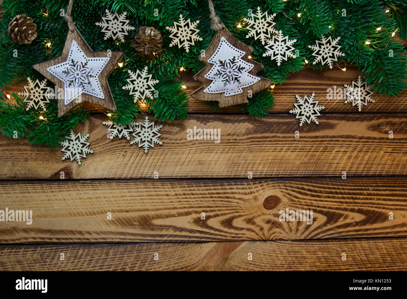 Christmas vintage decoration with fir branch on dark wooden background ...