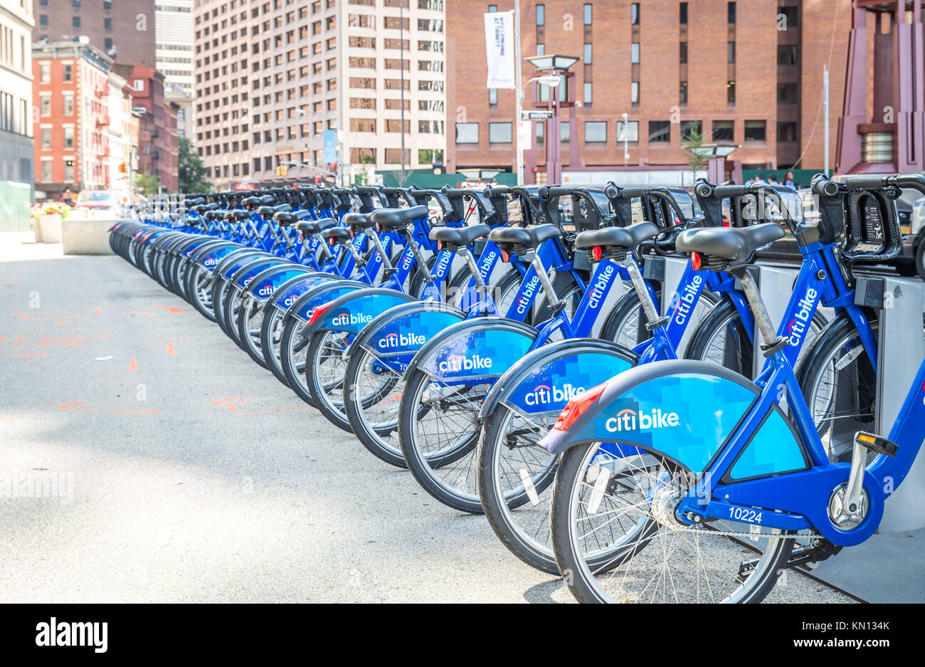 NEW YORK - JUL 10: Citi bike station in Manhattan on July 10, 2015. NYC bike share system started in Manhattan and Brooklyn on May 27, 2013 Stock Photo