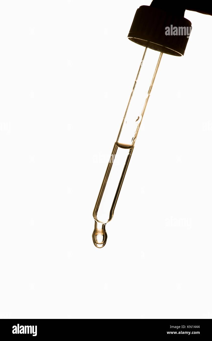 Dropper with clear fluid used for scientific research on white